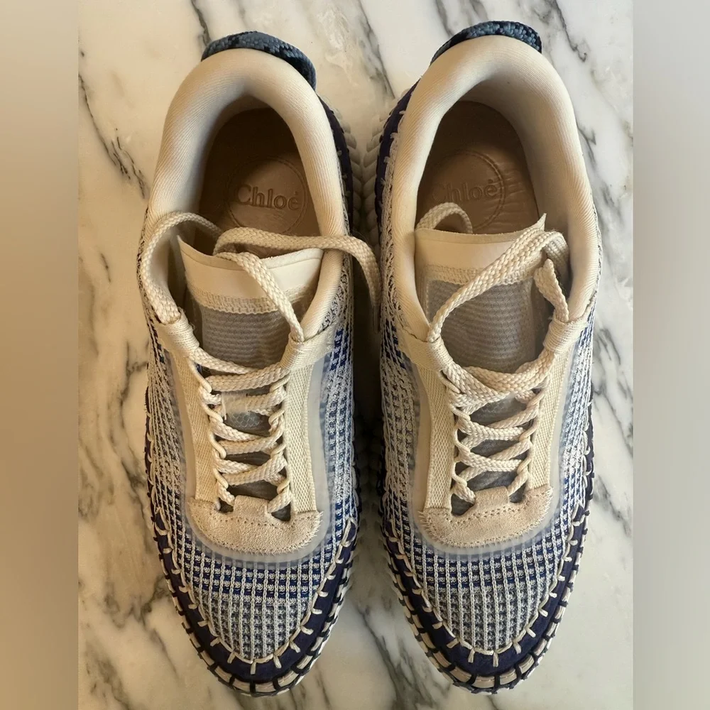 Chloe Beige and Blue Women's Sneakers - Picture 1 of 5